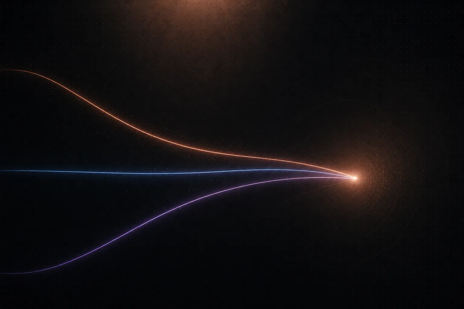 Trois lignes — code, données et IA — qui convergent vers un même point lumineux.